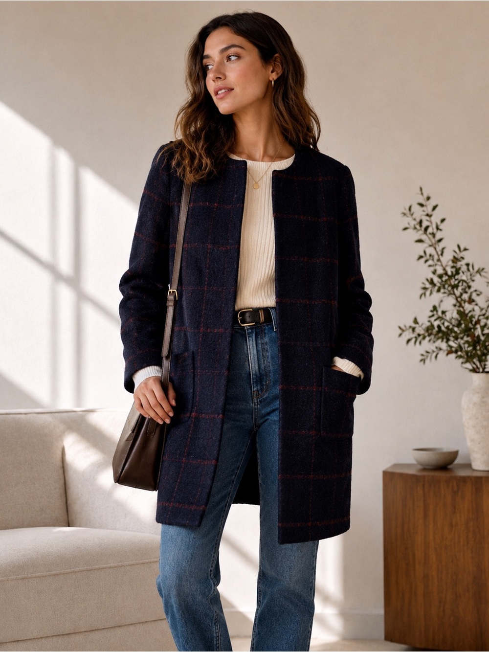 Abercrombie & Fitch Navy Plaid Open Front Coat Jacket Women’s Small